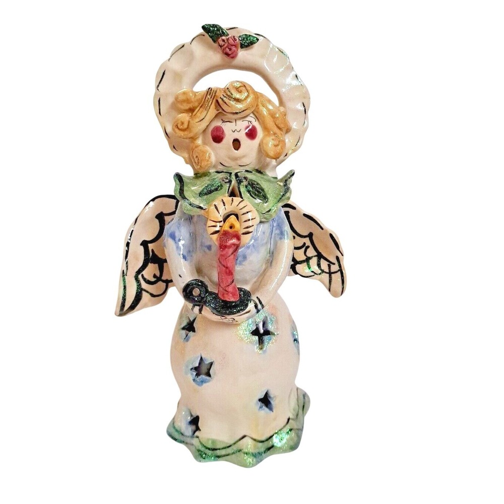 Blue Sky Clayworks Heather Goldminc 9" Angel Christmas Caroler Tealight Holder‎